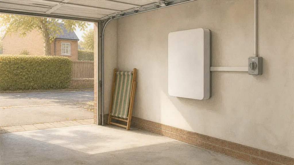 The interior of a domestic garage with a single wall-mounted home battery unit and a small isolator switch beside it, daylight entering through the open door.