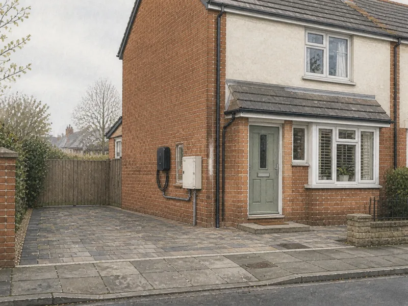 The short driveway of a terraced house, with a wall-mounted charge point beside the meter box, a cable route in trunking along the wall, and the boundary between the private driveway and the public pavement clearly visible in the foreground.