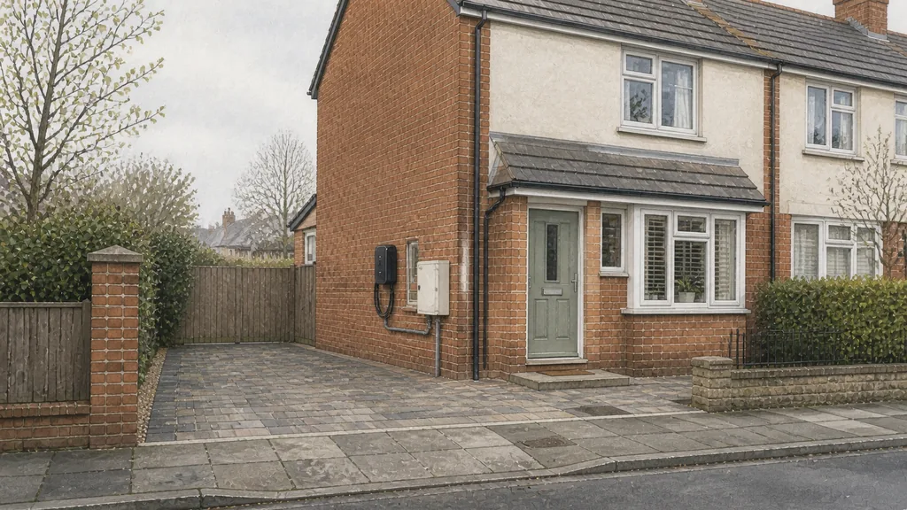 The short driveway of a terraced house, with a wall-mounted charge point beside the meter box, a cable route in trunking along the wall, and the boundary between the private driveway and the public pavement clearly visible in the foreground.