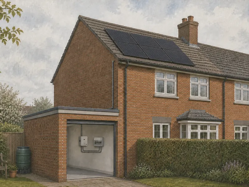 Side view of a brick house with roof-mounted solar panels, an inverter and consumer unit visible inside an open garage, and a cable run down the outside wall between them.