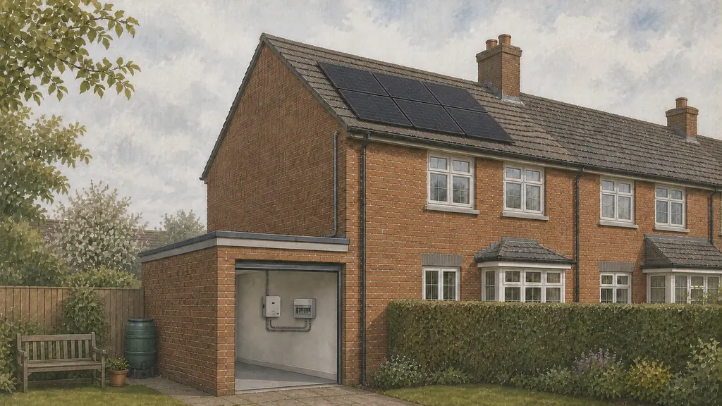 Side view of a brick house with roof-mounted solar panels, an inverter and consumer unit visible inside an open garage, and a cable run down the outside wall between them.
