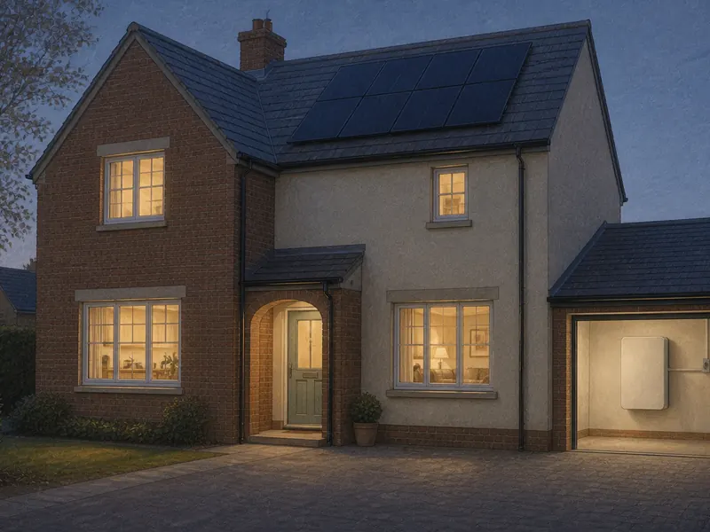 A house at dusk with warm light in the kitchen and living room windows, the solar panels on its roof dark against the fading sky, and a battery unit visible on the wall of the lit garage.