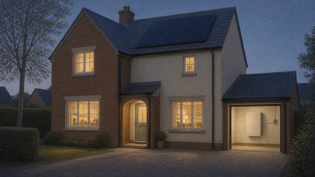 A house at dusk with warm light in the kitchen and living room windows, the solar panels on its roof dark against the fading sky, and a battery unit visible on the wall of the lit garage.