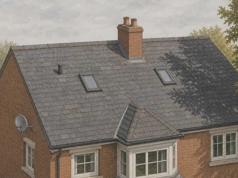 Raised three-quarter view of a British pitched roof with no panels, showing a chimney stack, two roof windows, a soil vent pipe and a bay dormer, with tree shadow falling across one end.