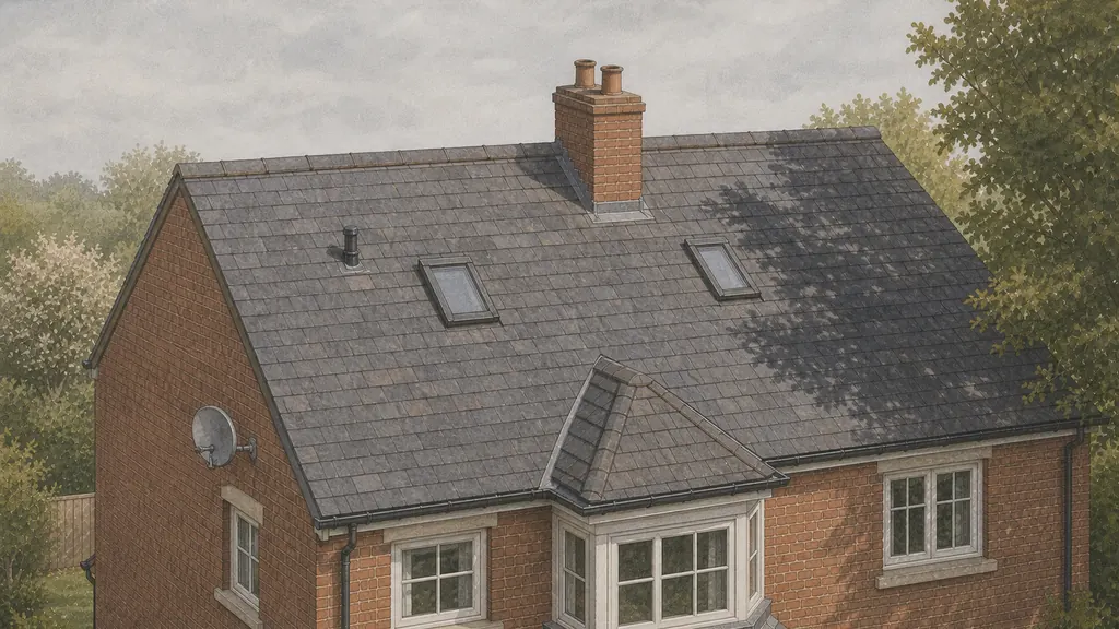 Raised three-quarter view of a British pitched roof with no panels, showing a chimney stack, two roof windows, a soil vent pipe and a bay dormer, with tree shadow falling across one end.