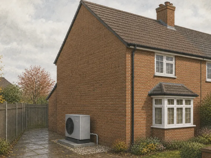 The gable side of a 1930s brick semi-detached house with an air source heat pump standing on a low paved plinth, set clear of the wall and of the close-boarded boundary fence, with a short condensate pipe draining to a gravel bed.