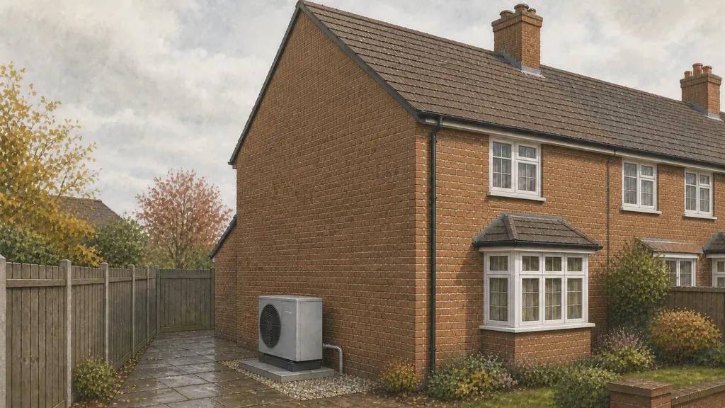 The gable side of a 1930s brick semi-detached house with an air source heat pump standing on a low paved plinth, set clear of the wall and of the close-boarded boundary fence, with a short condensate pipe draining to a gravel bed.
