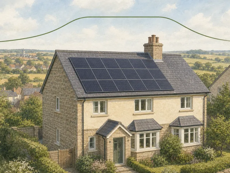 A sunlit roof of solar panels with a wordless overlaid curve above it whose peak has been flattened into a level plateau instead of rising to a point.