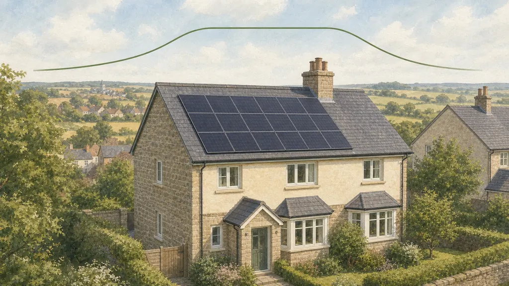 A sunlit roof of solar panels with a wordless overlaid curve above it whose peak has been flattened into a level plateau instead of rising to a point.