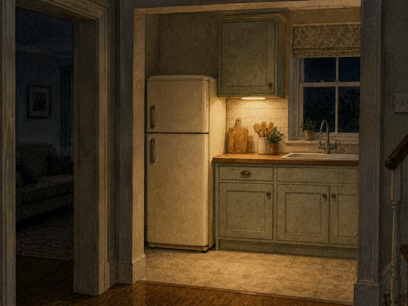 A darkened kitchen at dusk lit only over the worktop and the fridge freezer, with the rest of the house beyond the doorway left in shadow.