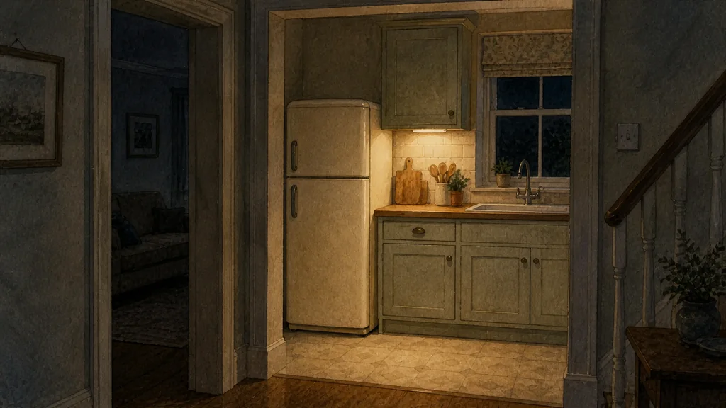 A darkened kitchen at dusk lit only over the worktop and the fridge freezer, with the rest of the house beyond the doorway left in shadow.