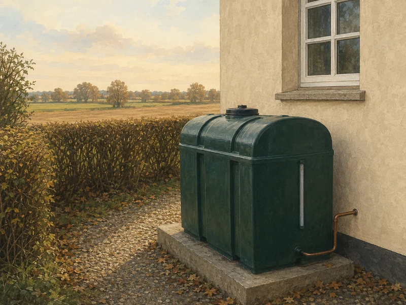 A domestic heating oil tank in use on its bund at the side of a rendered rural house, with an autumn hedge behind it and open flat farmland beyond.