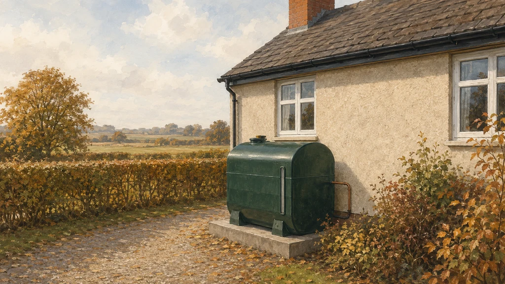 A domestic heating oil tank in use on its bund at the side of a rendered rural house, with an autumn hedge behind it and open flat farmland beyond.