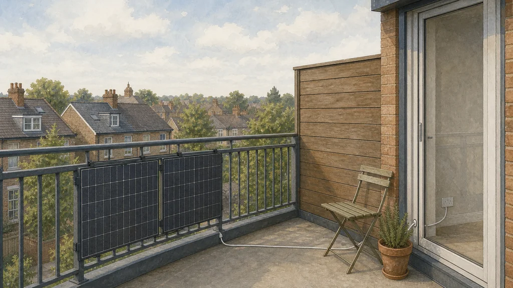 A pair of small solar panels fixed to the painted metal railing of a flat's balcony, with a slim cable running in through the door frame, and a timber-clad section of the same balcony left bare beside them.