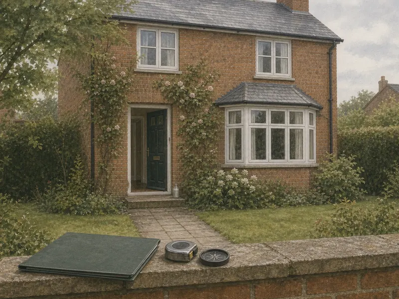 The front garden of a British house seen from standing height, with a closed surveyor's folder and a tape measure resting on the low boundary wall and the front door standing open.