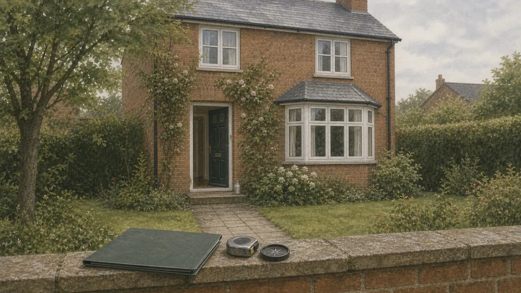 The front garden of a British house seen from standing height, with a closed surveyor's folder and a tape measure resting on the low boundary wall and the front door standing open.