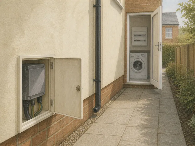 An external meter cupboard standing open on a rendered house wall, with a hallway cupboard visible through a nearby door containing a consumer unit, both tidy and unobstructed.
