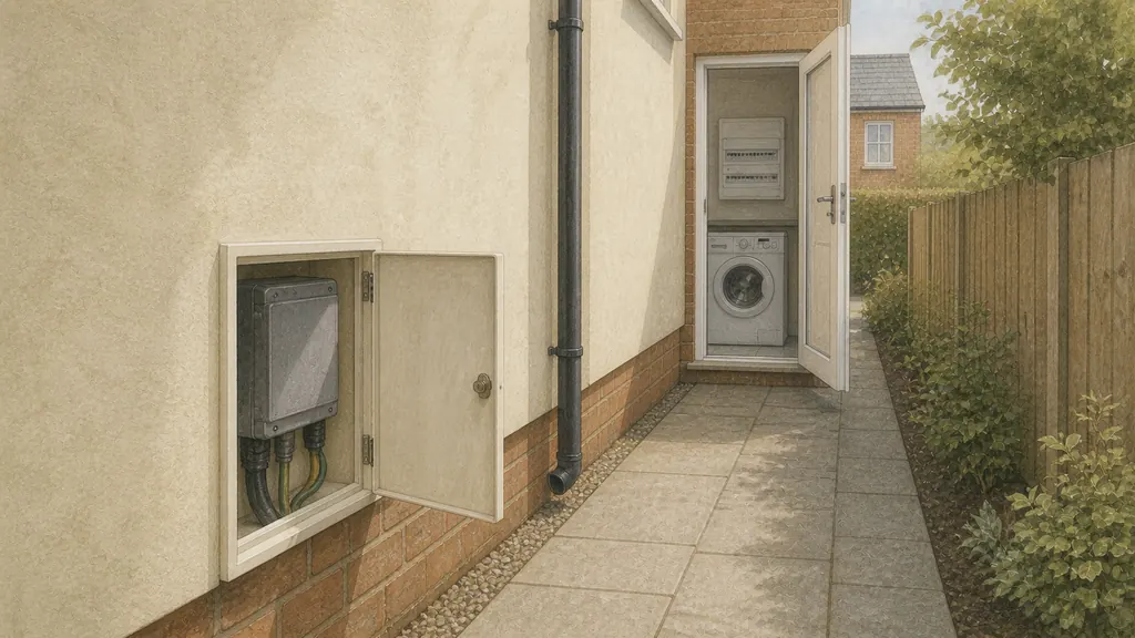 An external meter cupboard standing open on a rendered house wall, with a hallway cupboard visible through a nearby door containing a consumer unit, both tidy and unobstructed.