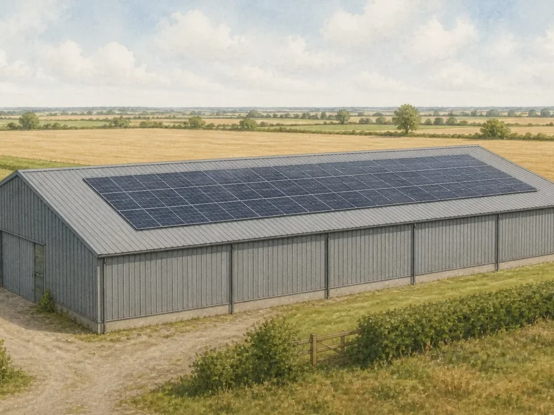 A long modern agricultural barn whose shallow roof carries a large flush array set well in from every edge, leaving a clear margin of bare sheeting all the way round.