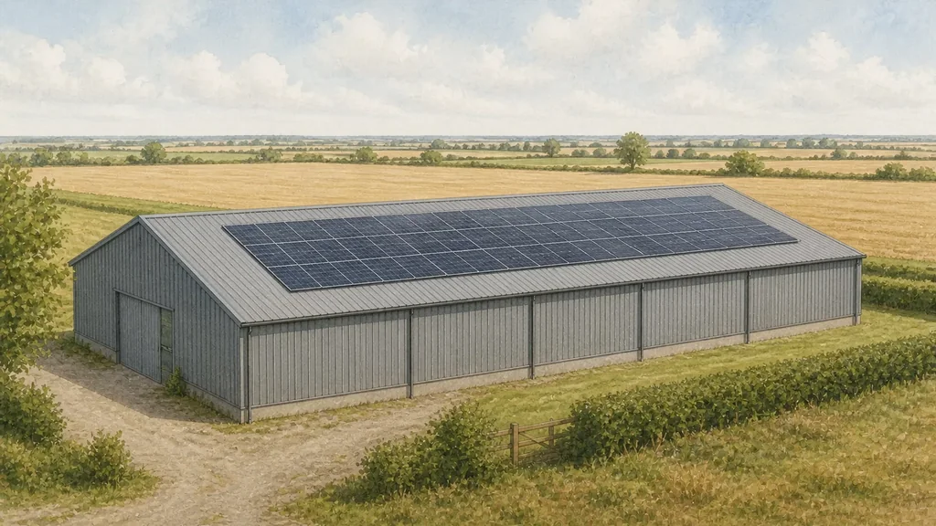A long modern agricultural barn whose shallow roof carries a large flush array set well in from every edge, leaving a clear margin of bare sheeting all the way round.