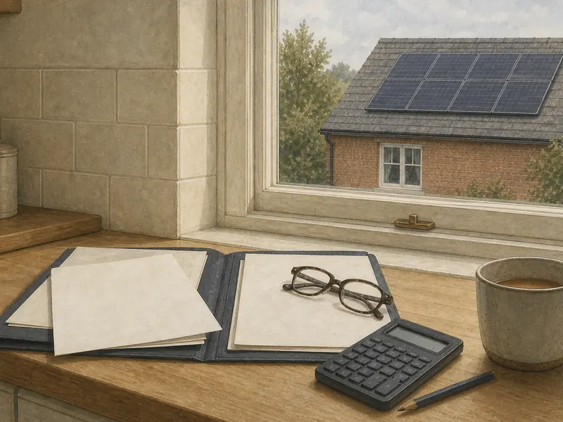 A quiet corner of a domestic kitchen by a window, with an open household paperwork folder, a pocket calculator and a mug on the worktop, and a neighbouring roof with solar panels visible through the glass.