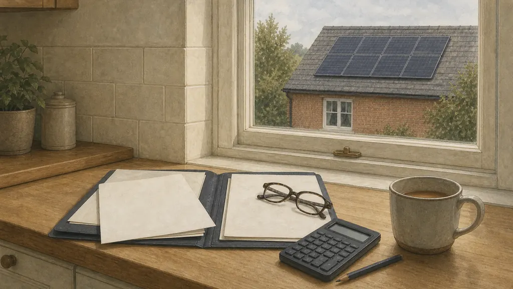A quiet corner of a domestic kitchen by a window, with an open household paperwork folder, a pocket calculator and a mug on the worktop, and a neighbouring roof with solar panels visible through the glass.