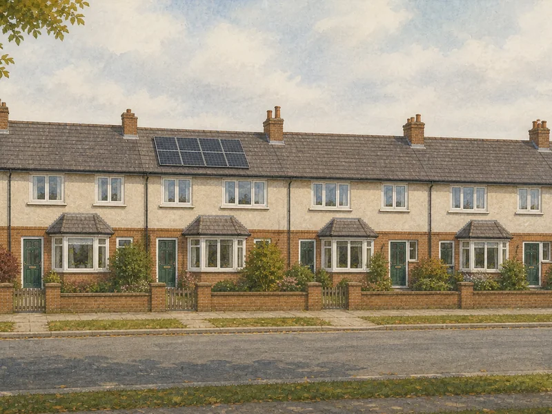 A row of modest post-war houses of identical design, one of which carries a flush roof array while the others do not.