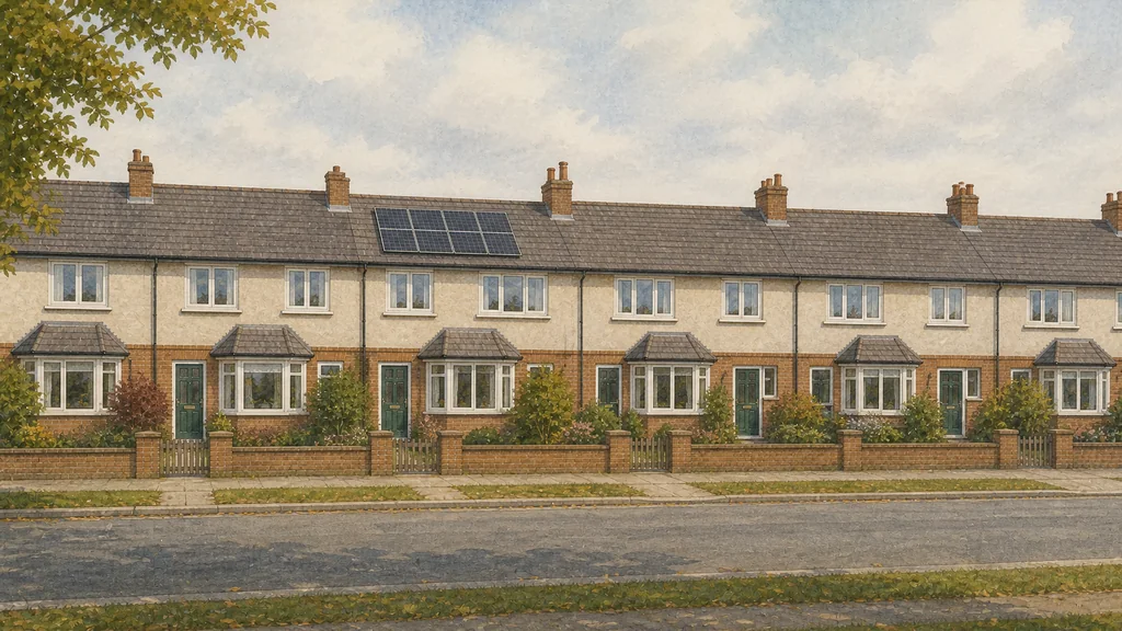 A row of modest post-war houses of identical design, one of which carries a flush roof array while the others do not.