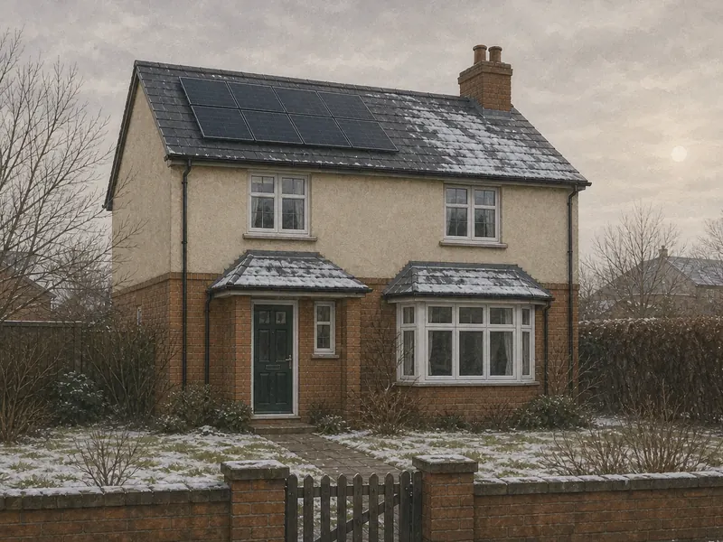 A house with rooftop solar panels on a cold overcast winter day, the panels clear of snow while a thin covering of snow remains on the unpanelled part of the roof and on the garden.