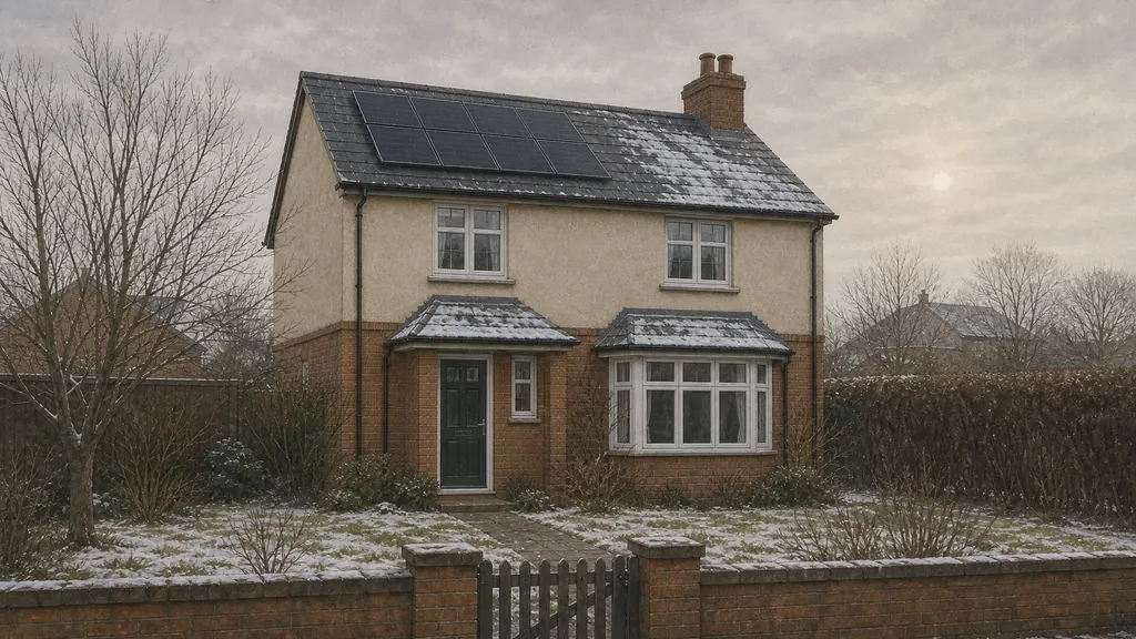 A house with rooftop solar panels on a cold overcast winter day, the panels clear of snow while a thin covering of snow remains on the unpanelled part of the roof and on the garden.