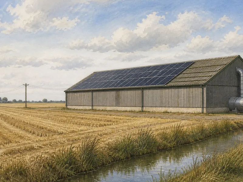 A steel-framed grain store on flat Lincolnshire arable land under a wide sky, with solar panels on part of its fibre cement roof, a grain drying fan housing at the gable end and an overhead power line crossing the field beyond.