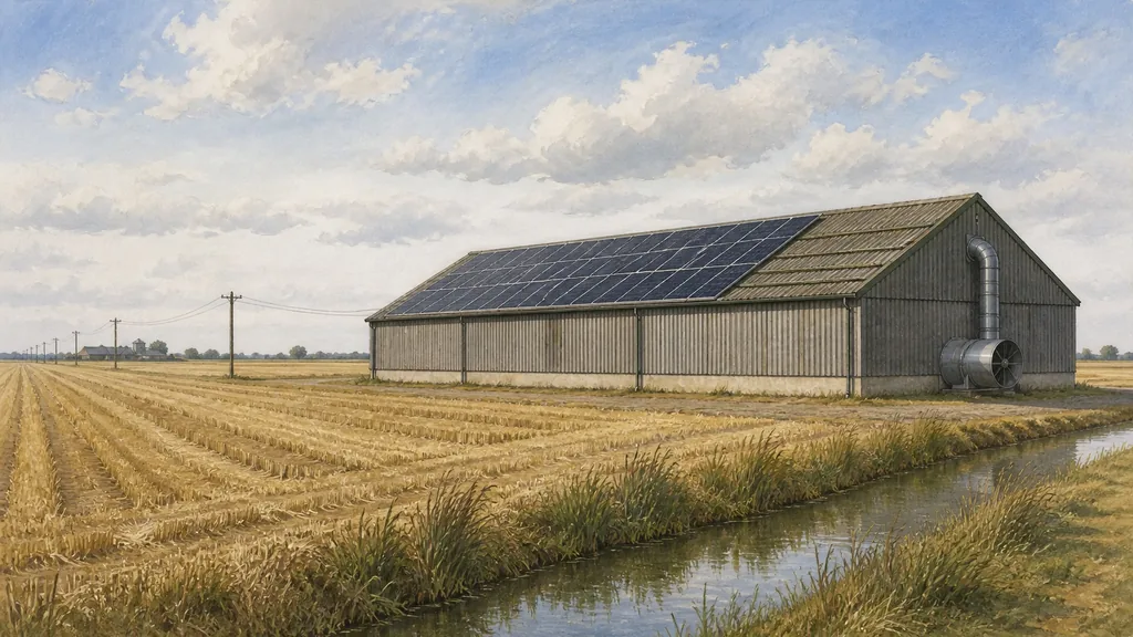 A steel-framed grain store on flat Lincolnshire arable land under a wide sky, with solar panels on part of its fibre cement roof, a grain drying fan housing at the gable end and an overhead power line crossing the field beyond.