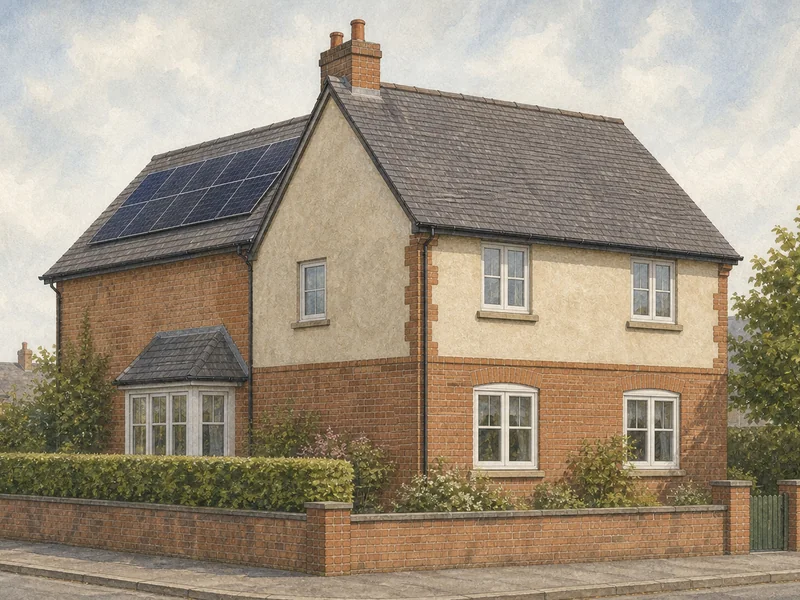 A corner house seen from the pavement, its front roof slope facing the road left bare while the rear slope away from the street carries a flush array of panels.