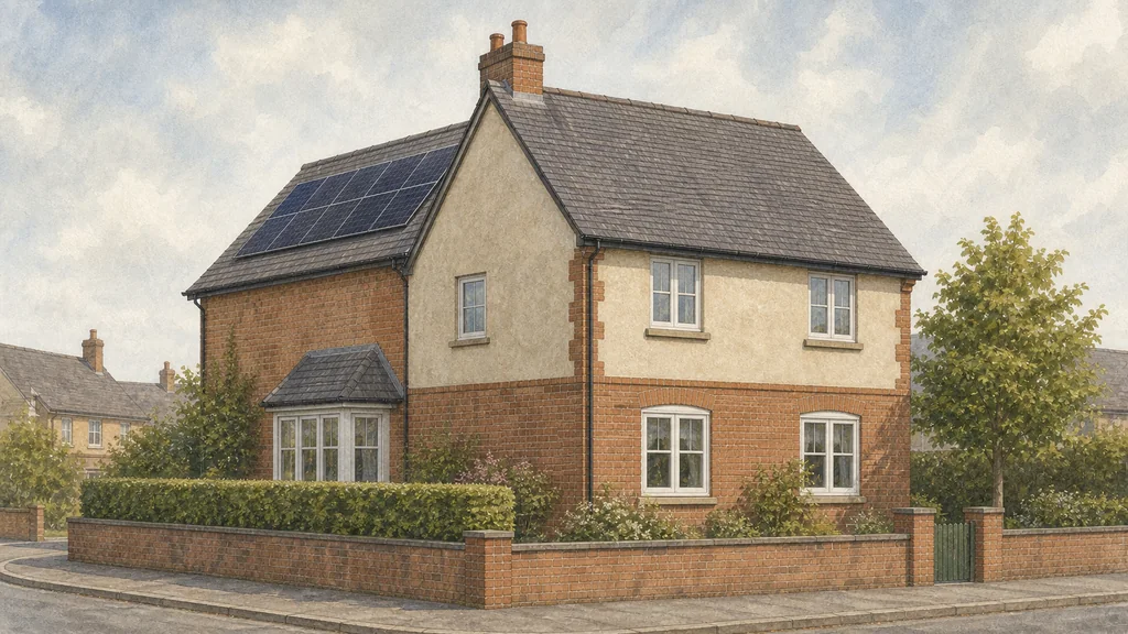 A corner house seen from the pavement, its front roof slope facing the road left bare while the rear slope away from the street carries a flush array of panels.