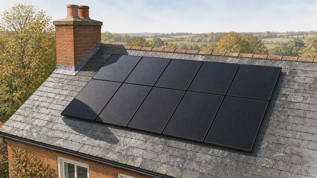 A roof array where the shadow of a chimney falls across the lower corner of one panel while the rest of the array stands in full sun.