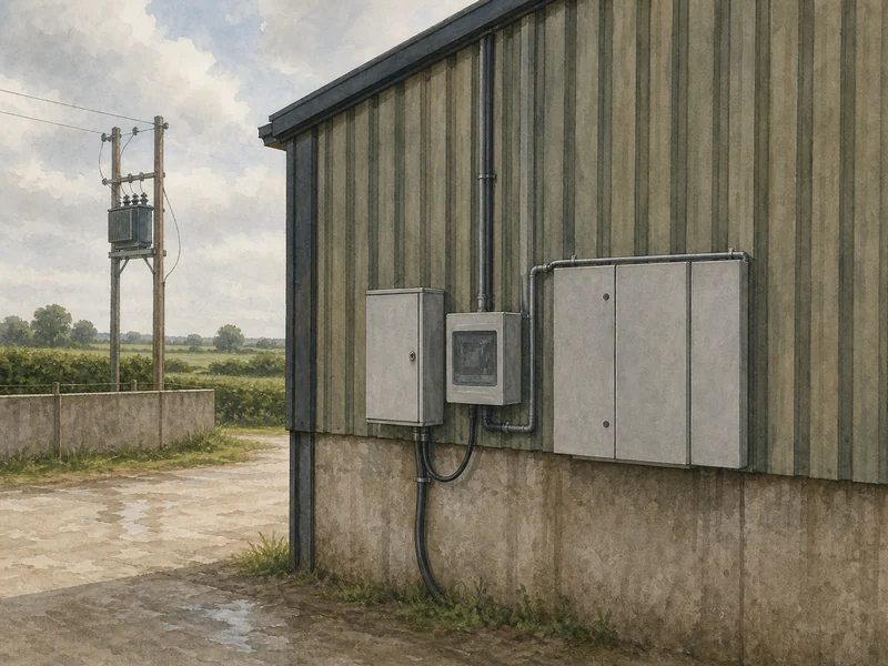 A pole-mounted transformer at the edge of a farmyard with an overhead line running in across a field boundary, and weatherproof metering and distribution cabinets on the wall of an outbuilding.