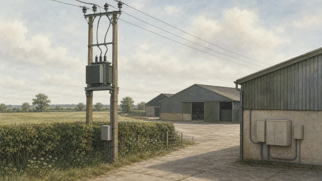 A pole-mounted transformer at the edge of a farmyard with an overhead line running in across a field boundary, and weatherproof metering and distribution cabinets on the wall of an outbuilding.
