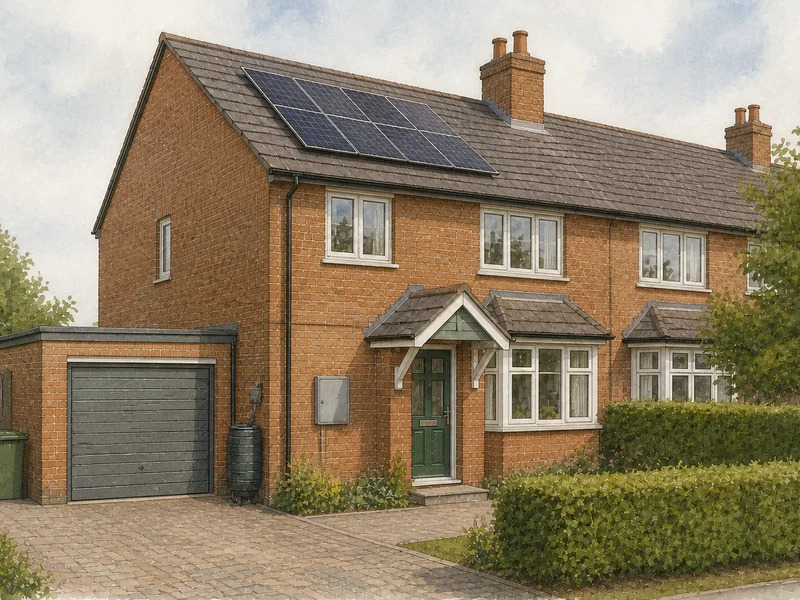One view of a house taking in the panelled roof, the meter cupboard on the wall, the garage and the driveway together, each element a separate line of the same job.