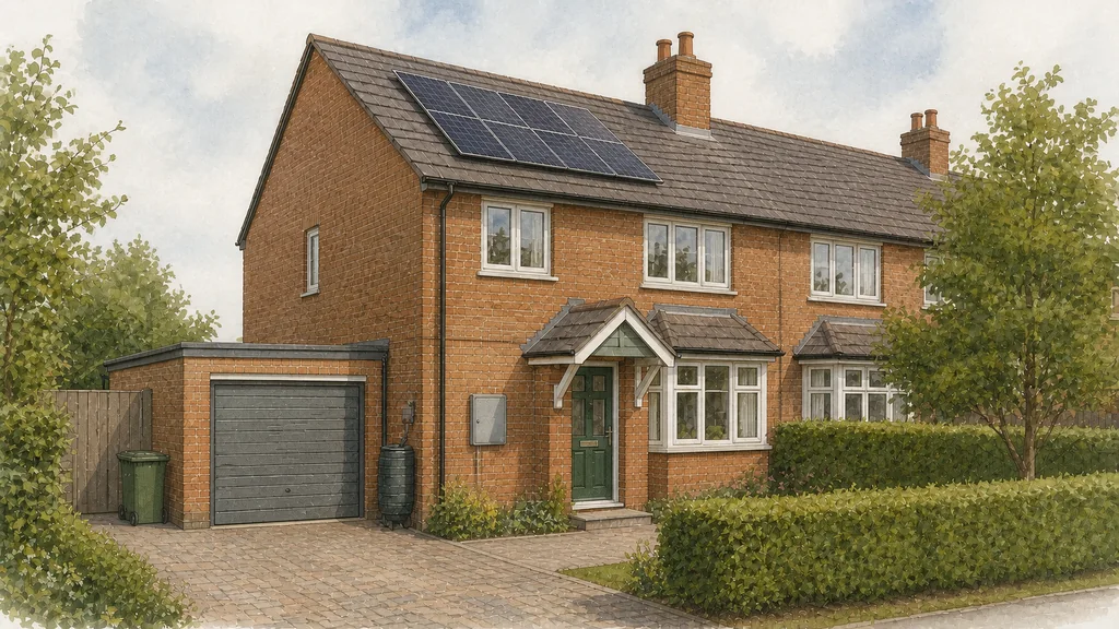 One view of a house taking in the panelled roof, the meter cupboard on the wall, the garage and the driveway together, each element a separate line of the same job.