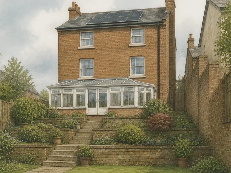 A tall three-storey house whose roof rises above a steeply sloping rear garden and a single-storey conservatory, with a narrow side passage closed off by a wall.