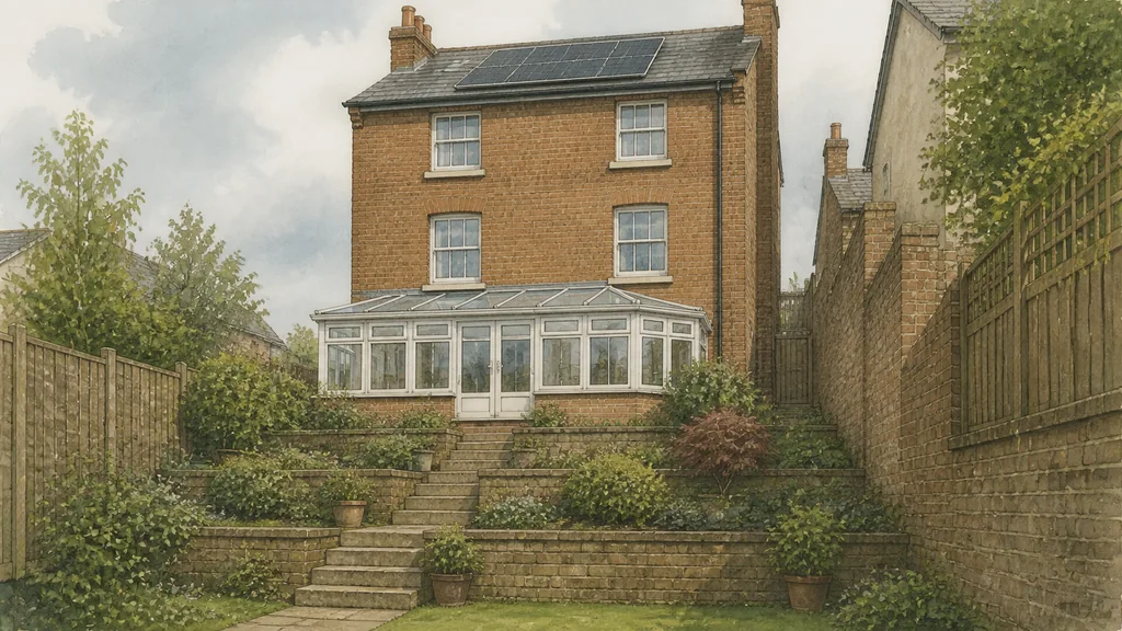 A tall three-storey house whose roof rises above a steeply sloping rear garden and a single-storey conservatory, with a narrow side passage closed off by a wall.