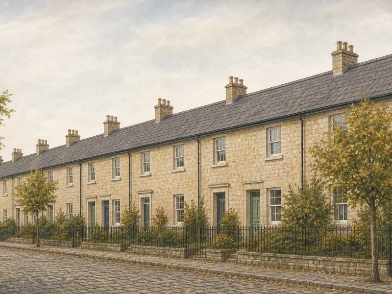 A uniform terrace of older stone houses along a quiet street, every roof unbroken and free of panels, with railings, setts and mature trees giving the street a protected character.