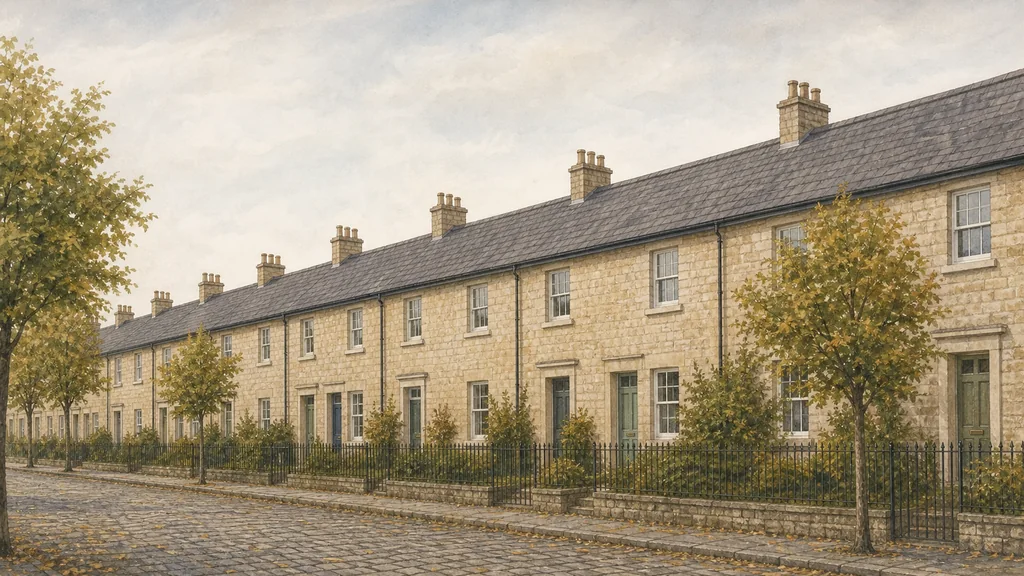 A uniform terrace of older stone houses along a quiet street, every roof unbroken and free of panels, with railings, setts and mature trees giving the street a protected character.