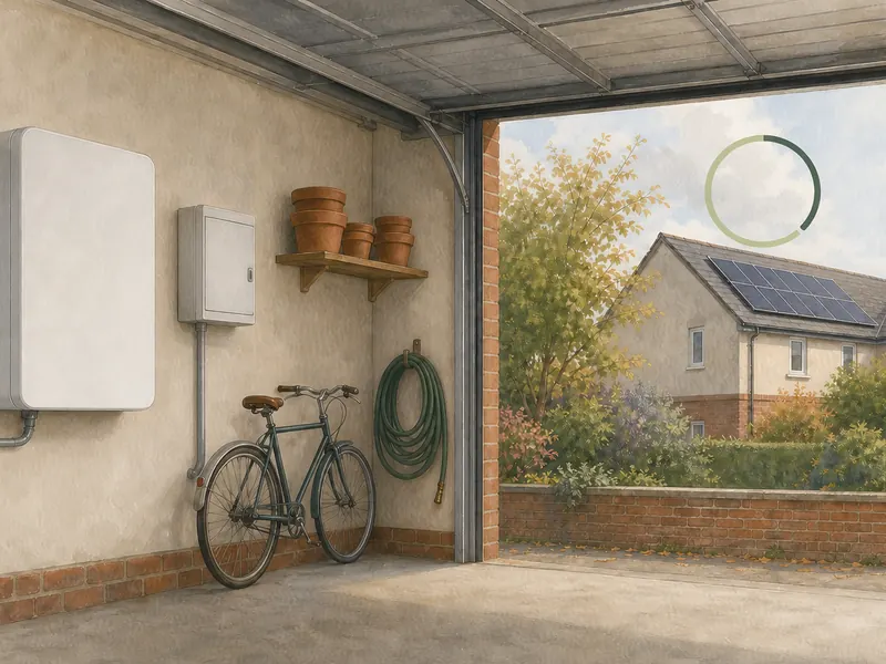 A wall-mounted home battery inside an open garage, with a wordless circular overlay above it divided between a light daytime arc and a darker night arc.