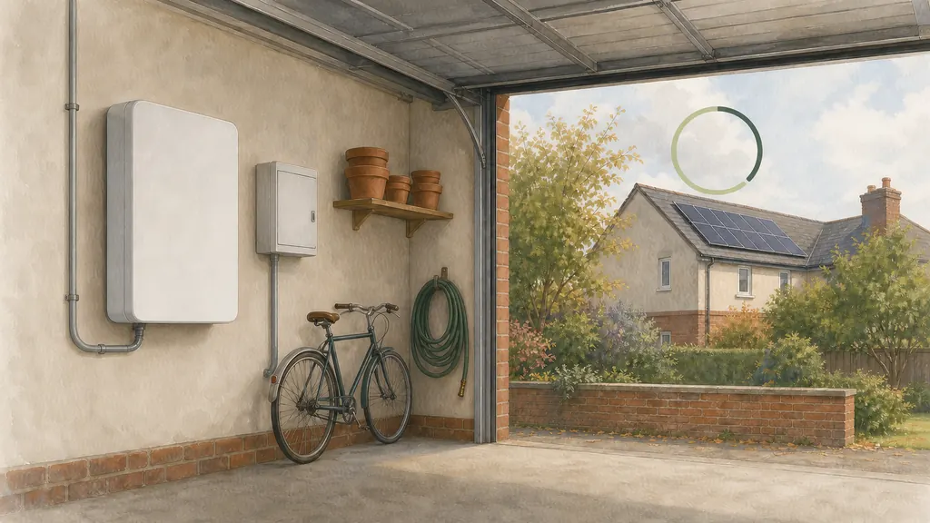 A wall-mounted home battery inside an open garage, with a wordless circular overlay above it divided between a light daytime arc and a darker night arc.