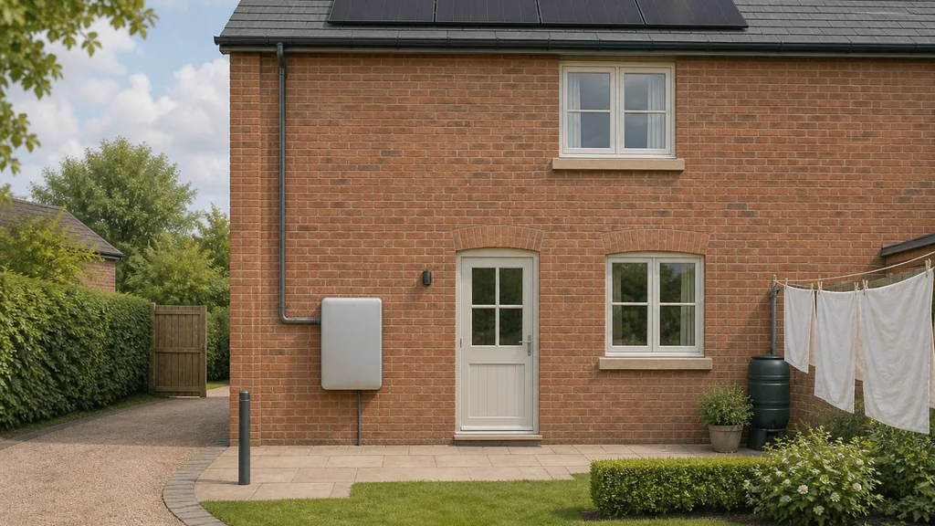 An outdoor-rated home battery mounted on an exterior house wall well clear of the back door and windows, with a low bollard set in front of it.