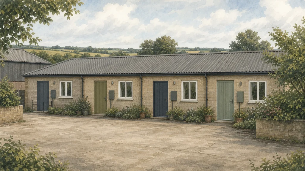 A courtyard of converted farm buildings in separate occupation, four adjoining units with different doors and separate meter boxes under one continuous roofline.