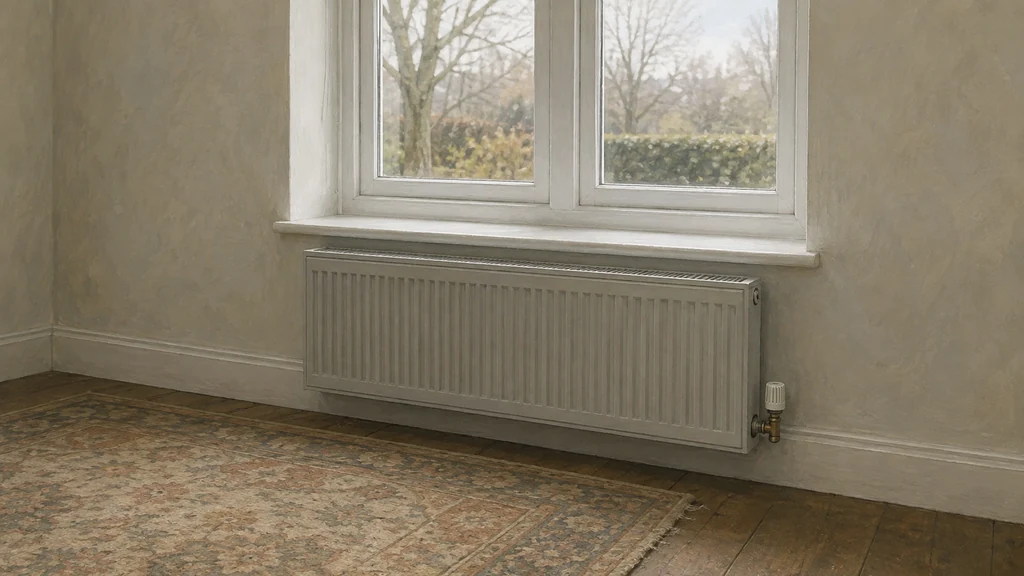 An ordinary painted panel radiator beneath a sash window in a lived-in British room, with cold daylight coming through the glass.