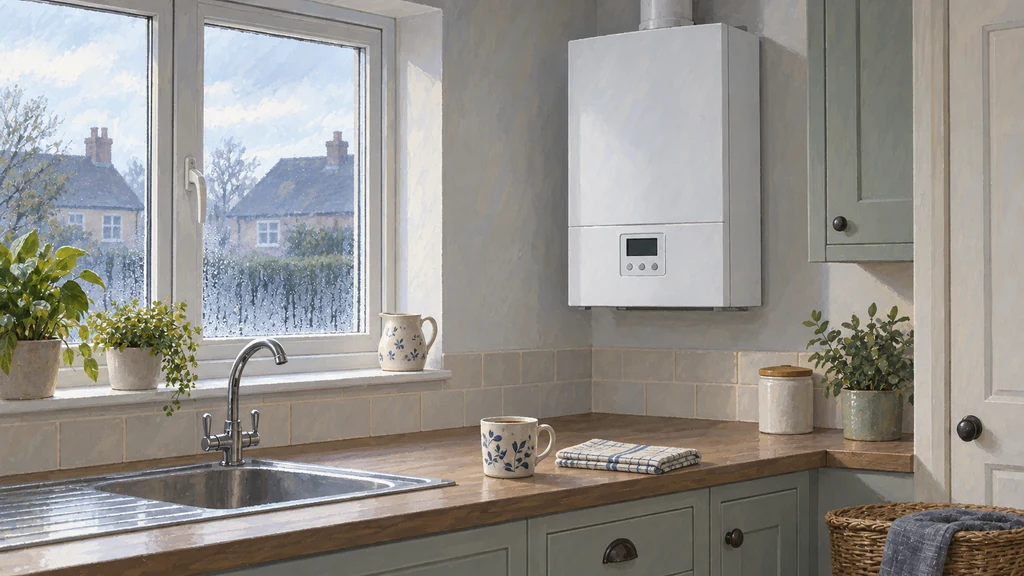 A white wall-mounted combi boiler with a blank display in a quiet British kitchen, condensation on the window behind it and a mug and folded tea towel on the worktop.