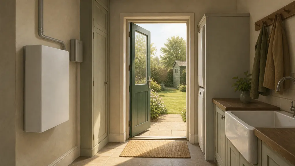 A domestic utility room with a wall-mounted battery unit, its isolator and meter cupboard, and an open door to a sunlit garden beyond.